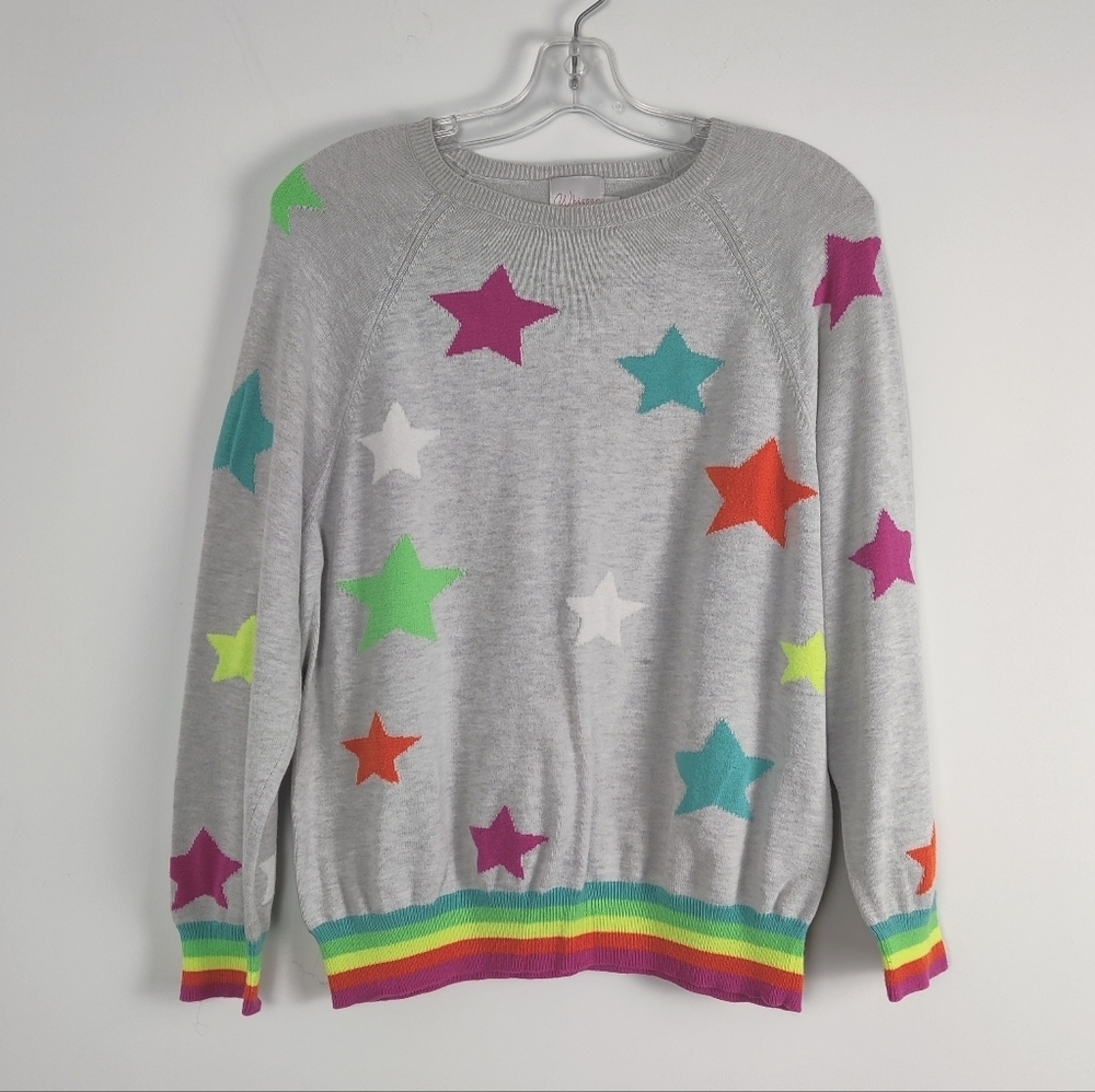 Whisper by Brodie Colorful Star-Patterned Crewneck Sweater Sz Large Cotton Silk